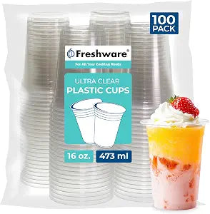 Freshware 16 oz Clear Disposable Plastic Cups, Clear Plastic Cups Tumblers, Heavy-duty Party Glasses, Disposable Cups for Thanksgiving, Halloween, Christmas Party, 16 Oz Cups, 100 Count (Pack of 1)