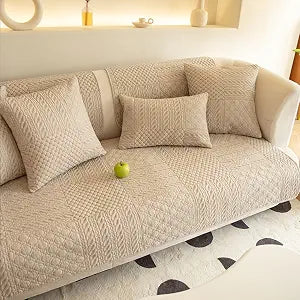 vctops Farmhouse Geometric Embroidered Couch Sofa Cover Cotton Quilted Sectional Couch Cover Non-Slip Sofa Slipcover Furniture Protector for Kids, Dogs, Cats (Khaki,28"x28")