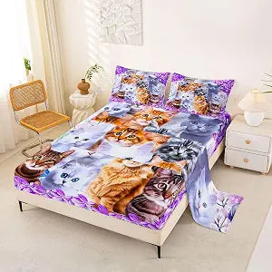 Feelyou Cute Cat Bed Sheets Pet Funny Cats Toddler Sheet Set for Kids Boys Girls Lovers Cat Floral Purple Bed Set Feline Animal Lovely Decor Sheets with 1 Pillowcase 3Pcs Bedding Twin