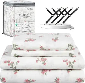 Full Size Pink Floral Bed Sheet Set, 8-Piece 100% Microfiber Sheets, Ultra Soft 16��� Deep Pocket with 4 Corner Straps, Oeko-TEX Certified Wrinkle-Free Bedding (Pink, Full)
