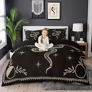 Snake Printed Duvet Cover Queen Size,Boho Sun and Moon Comforter Cover with 2 Pillowcase for Teens,Kids Starry Sky Galaxy Bedding Set,Black and Brown Breathable Decorative Bed Cover(No Comforter)