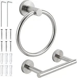 Nickel Toilet Paper Holder & Towel Ring Wall Mount, SUS304 Stainless Steel Double Post Pivoting Tissue Roll Holder and Hand Towel Ring, Set for Bathroom Hardware Accessories Set