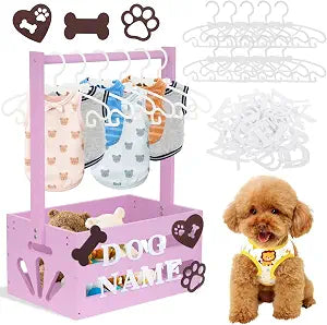 Wooden Pet Wardrobe Closet Toy Basket Box with Hanging Rods Personalized Pet Alphabet Letters Easy Assembly Baskets Dog Toy Box for Dog Cat Toys Clothes Organization Storage Accessories, Pink