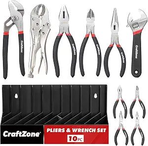 10PC Pliers and Wrench Set with Storage Rack Includes Channel Lock | Long Needle Nose | Diagonal Cutter | Groove Joint | Linesman & Mini Plier, Carbon Steel Tool Kit for DIY and Home a Gift for Man