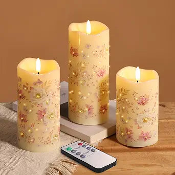 Eywamage Floral Fiber Optic Flameless Pillar Candles with Remote Set of 3