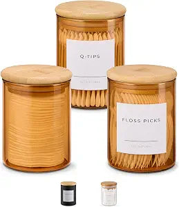 Vase and Vessel Mini Glass Apothecary Jars with Bamboo Lids, Small Bathroom and Kitchen Storage Containers, For Cotton Balls, Pads and Swabs, 10 oz, Set of 3 (Amber)