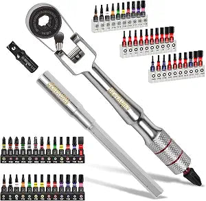 Geinxurn 60Pcs 180 Pivoting Flex Head T-Handle Ratchet Wrench Set, 72-Tooth 1/4" Reversible Ratchet with Extension Bar, Socket Adapter & 1" Impact Screwdriver Bits (Phillips/Torx/Hex) for DIY