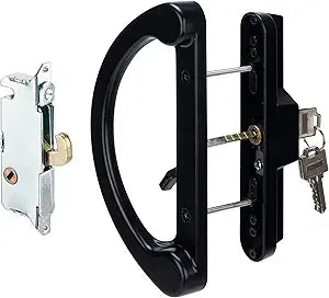 Sliding Glass Door Handle with Mortise Lock and Key Cylinder,Patio Door Lock with Key Replacement Patio Door Handle Set Sliding Door Lock Fits 3-15/16" Screw Hole Spacing,Reversible Design,Black