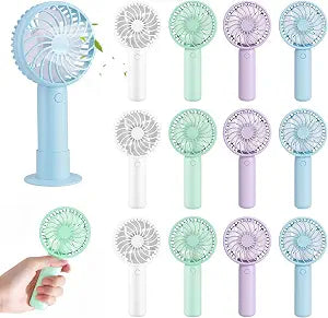 VZZNN 12 Mini Handheld Fan Bulk, Powerful 3 Speed Personal Portable Rechargeable Fans with Base, USB Small Desk Fan for Women, Eyelash, Makeup, Office, Travel, Beach, Indoor Outdoor