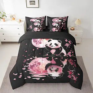 Feelyou Cute Panda Comforter Set with Sheets,Japanese Cherry Blossom Panda 7 Piece Bedding Set King Size,Kids Boys Girls Bedroom Room Decor,Sakura Floral Bed in a Bag,Floral Panda Bed Set