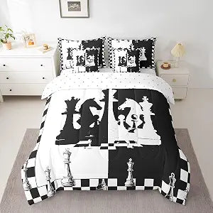 7 Pieces International Chess Comforter Set Twin, Chess Games Bed Set for Kids Boys Girls, Black and White Grid Bedding(1 Comforter,1 Fitted Sheet,1 Flat Sheet,2 Pillowcases,2 Throw Pillow Cover)