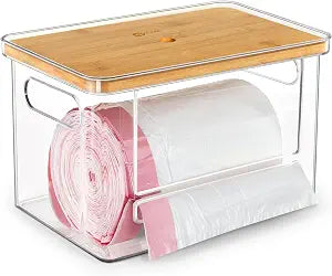 Stackable Trash Bag Dispenser with Wooden Top for Holding 13/30/33-Gallon Large Bag Sizes Extra-Large Garbage Bag Holder with Anti-Slip Base, Trash Bag Dispenser Under Sink (11.5"x7.5"x7")