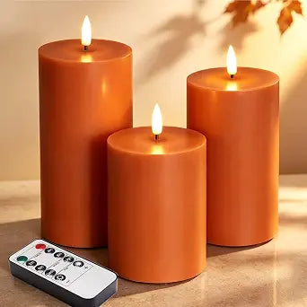 Burnt Orange Fall Halloween Flameless Pillar Candles with Remote Set of 3