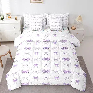 Erosebridal Cute Purple Bow Twin Comforter Set with Sheets for Girls | Purple Ribbon Bow Tie Bedding Set 7 Piece for Kids Women, Coquette Bowtie Bed in a Bag, Princess Bows Fitted Flat Sheet