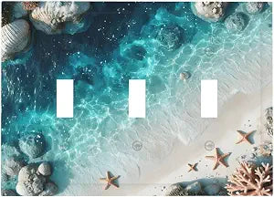 Turquoise Ocean Beach Coastal Starfish Coral Print Decorative Switch Plates 3 Gang Wall Plate Triple Toggle Light Switch Cover Faceplate Electrical Wall Panels for Bedroom Living Room Decor