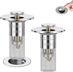 2PCS Bathroom Sink Drain Strainer, Pop-up Stopper Hair Catcher with Stainless Steel Filter Basket, Universal Replacement Drain Plug for Bathroom Sinks