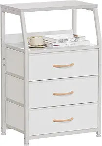Furnulem White Night Stand with 3 Fabric Drawers, Small Bedside Table