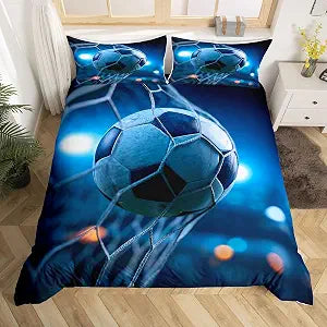 3D Soccer Duvet Cover Set Twin,Boys Football and The Soccer Ball Decorative Bright Blue Comforter Cover Set 2 Pieces Bedding Set with 1 Pillow Sham, Zipper, Youth Sports Theme Bedspread Bedclothes