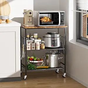 NTE Rolling Kitchen Microwave Cart, 3 Tier Microwave Stand with Storage, Small Kitchen Island on Wheels, Kitchen Storage Cart with 6 Hooks for Kitchen, Coffee Bar, Living Room, Balcony