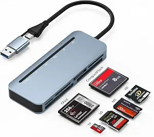 Compact Flash Card Reader - 6-in-1 CF/SD/TF/MS/XD/CFast Adapter, Read 6 Cards Simultaneous, Aluminum USB 3.0 5Gbps Multi Memory Card Readers for iPhone 15/16/17, Android, iPad, MacBook, PC