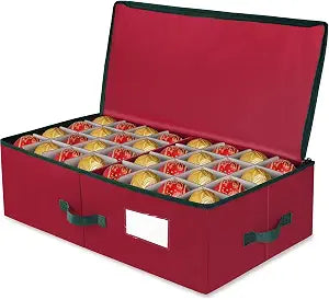 BlessedSeason Christmas Ornament Storage Box -Stores Up to 64 3 Balls, Holiday Ornaments Storage with Adjustable Dividers, Visual ID Window, Dual Zipper, Handles, Stackable, Foldable Fabric Organizer