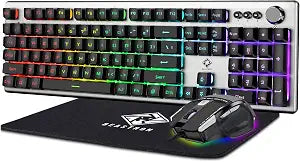 RGB Backlit Gaming Keyboard with Mouse Combo and Mouse pad, Multimedia Keyboard Knob,Mechanical Feel USB Wired Keyboard for Windows PC, Silvery White (10209)