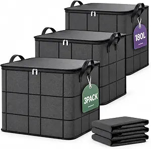 TPTAL 180L Spacious Moving Storage Bin, Large Capacity Zippered Fabric Organizer for Bedding & Clothes (3PCS, XXL)