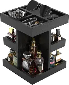 Cologne Organizer for Men Rotating Bathroom Counter Organizer, 3-Tier Solid Wood Storage Caddy, 360-Degree Rotating Stand, Burlywood (Black)