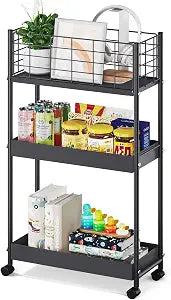 Slim Rolling Storage Cart, 3 Tier Heavy Duty Metal Utility Cart, Black