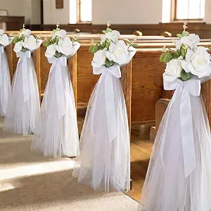 24 Set Wedding Aisle Chair Decoration Pew Flowers Ribbons, Rose, White