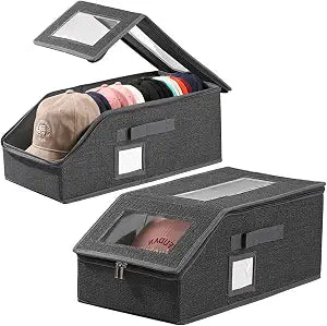 Hat Storage for Baseball Caps,2PCS Stackable Baseball Cap Storage Boxes for Closet with Clear Window and Flip-Top Access,Holds up to 30 Caps for Women & Men(Black)