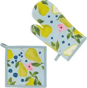 Boston International Cotton Oven Mitt and Pot Holder Kitchen Gifts, 8" x 13" and 7.5" x 7.5", Anjou Pear