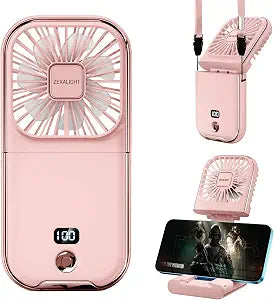 USB Rechargeable Upgraded 5-in-1 Portable Handheld Fan, Necklace Fan, Desk Fan, Foldable Phone Stand, 4 Speeds Airflow, Quiet Personal Fans with LED Digital Screen (Pink)