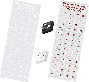Russian Keyboard Stickers Transparent Glossy 2 Color Sheets (2 Pack) Clear Cyrillic Letters Universal 11x13mm Key Labels Self Adhesive Fits Standard Keyboards (White + Red)