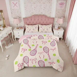 Tennis Kids Queen Comforter Sets,Girls Sport Cute Bowknot Reversible Bedding Set for Boys Teens,Outdoor Sport Ball Game Quilt Set 3 PCS,Pink Yellow Cute Princess Duvet Insert,2 Pillow Cases