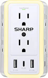 SHARP Wall Charger Surge Protector with 6 Outlets, USB-C and Nightlight