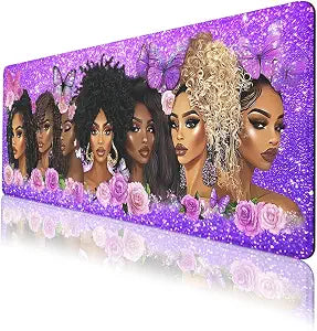 Black Women Gaming Mouse Pad Strong Purple Butterfly Floral Extended Gaming Mouse Pad Mat with Stitched Edge Non-Slip Base Big Mousepad 31.5"x11.8"