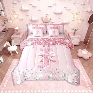 Erosebridal Letter J Comforter Set, Pink Bow Princess, Twin 7 Pieces