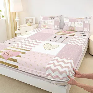 Pink and White Bedding Set Twin Size Gold Heart Pattern Bed Set for Girls Teens Bedroom Decor Kids Geometric Wavy Stripes Fitted Sheet Soft Microfiber Romantic Bed Cover(1 Fitted Sheet+1 Pillow Case)