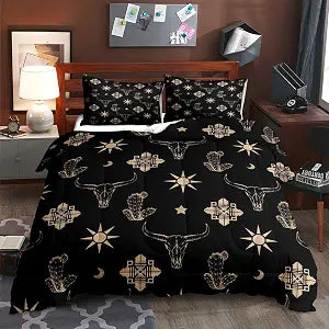 LUVIVIHOME 3PCS Western Comforter Set Queen Size, Cattle Cow Skull Bedding All Season, Black Wild West Cactus Rustic Country Southwest Bedroom Decor, Lightweight Soft Microfiber Quilt, 2 Pillow Shams