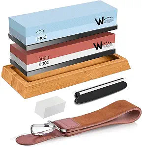 Wucgea Knife Sharpening Stone Kit - 400/1000 3000/8000 Grit Japanese Whetstone Set with Non-Slip Rubber Base, Angle Guide, Flattening Stone and Leather Strop