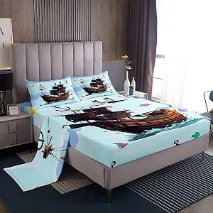 Homewish Pirate Ship Sheet Set Kids Anchor Printed Bed Sheets Set Girls Cute Fish Bedding Set for Boys Teens Sheets Soft Room Decor Twin Size(1 Flat Sheet+1 Fitted Sheet+1 Pillowcase)