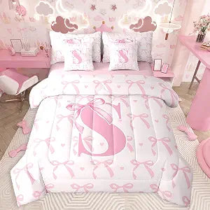jejeloiu Cute Pink Bow Kids Comforter Set with Sheets Twin Size,Boys Girls Personalized Letter S 7 Piece Bedding Set,Cute Coquette Bow Knot Bed in a Bag,Initial Letter S All Season Monogrammed