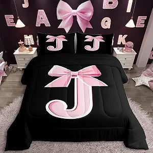 jejeloiu Kids Girls Black Pink Bow Comforter Set Full Size Monogrammed