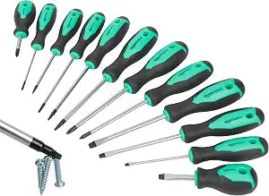 Amazon Basics Magnetic Screwdrivers Set, 12-Piece, Phillips, Slotted, Torx, Square, and Stubby with Non-Slip Handle, Hand Tools Set, Turquoise