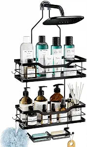 Consumest Shower Caddy Hanging - 3 Tier Bathroom Shower Organizer with Soap Holder, 6 Hooks, Heavy Duty Stainless Steel Storage Rack, Rustproof Fast Draining Shelves, Black