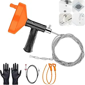 33 Feet Drain Snake Auger, Plumbing Snake Drain Hair Clog Removal Tool, Heavy Duty Drain Snake Auger, Sink Unclogger Drain Cleaner Tool for Bathroom Kitchen Tub Shower Drain Clog Remover with Gloves