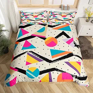 Memphis Duvet Cover Set Queen Size, Retro 80s or 90s Fashion Style Bedding Set for Kids Boys Girls, Geometric Triangle Circle Comforter Cover Soft Polyester Quilt Cover with 2 Pillowcases,No Comforter