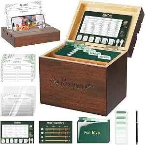 Vintage Wooden Recipe Box Set, 100 Recipe Cards, L-Shaped Dividers