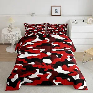 Castle Fairy Red Camouflage Boys Girls Comforter Set Full Size,Boys Camo Duvet Set Teens Bedroom Decor,Geometric Abstract Art Microfiber Soft Bedding